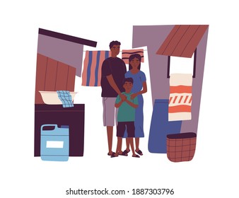 Portrait of dark skin poor family living at slum standing together vector flat illustration. Mother, father and son in ghetto neighborhood isolated. People citizens of country with low income