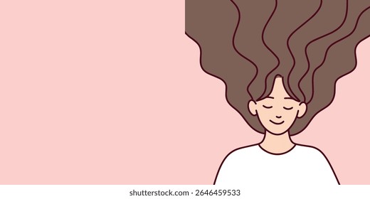 Portrait of dark skinned woman with eyes closed and long wavy hair, calm and peaceful expression in soft emotional style, banner, copy space