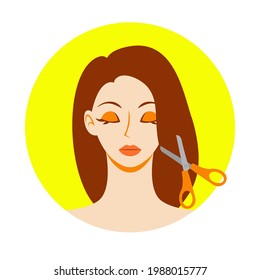 Portrait of a dark-haired girl who cut her hair with scissors. Hairdresser, haircut. Vector beauty illustration