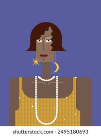 Portrait of a dark-skin woman with a bob, pearl necklace, gold earrings in oriental style in the shape of a star and a moon, and a gold dress. Art Deco style, 1920-s