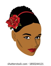 Portrait of a dark-skinned cute girl with a red rose in her hair