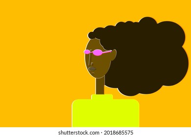 Portrait of a dark-skinned girl with flowing curly hair in futuristic hot pink sunglasses and in a neon yellow sweater on an orange background. Copy space.