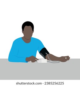 Portrait of a dark-skinned guy with a tonometer, isolated on white, flat vector, faceless illustration, measuring blood pressure