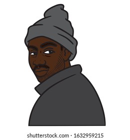 portrait of a dark-skinned rapper with a hat who looks cool over his shoulder. hip hop, avatar, comic, vector, illustration.