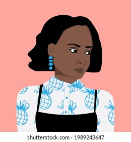 Portrait of a dark-skinned woman. African-American girl with black hair and a white blouse with pattern. Woman's head and shoulders. Female face. Social media avatar. Vector flat illustration. 