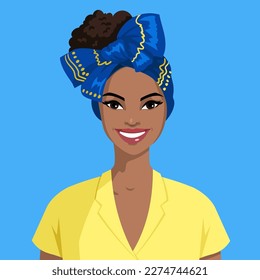 Portrait of a dark-skinned woman with a traditional headdress. African woman with hair wrap. Avatar of a smiling beautiful girl. Cartoon style, vector.