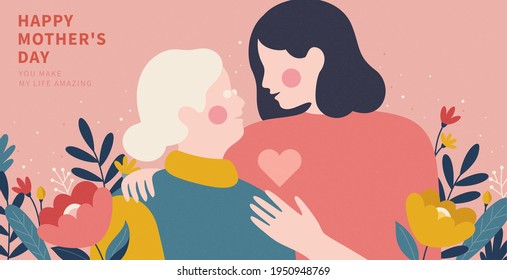 Retrato de una hija abrazando a su vieja madre desde el hombro. Ilustrado en diseño plano sobre fondo rosa. Concepto de cuidado de ancianos para madres o feliz día de la madre. Vector de stock