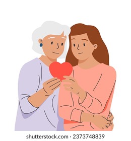 Retrato de una hija abrazando a su vieja madre desde el hombro. Ilustrado en diseño plano sobre fondo rosa. Concepto de cuidado de ancianos para madres o feliz día de la madre.