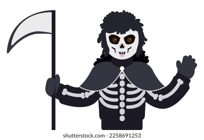 Portrait of the Death character with black costume, bones and scythe to celebrate Barranquilla's Carnival. Design in flat style over white background.