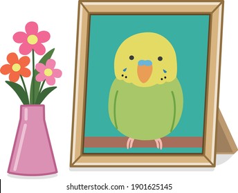 Portrait of a deceased parakeet with a flower vase. Vector illustration isolated on white background.