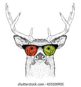 Portrait of deer in the colored glasses. Vector illustration.