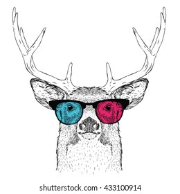 Portrait of deer in the colored glasses. Vector illustration.
