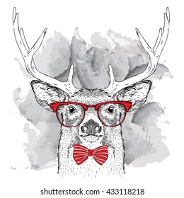 Portrait of deer with glasses and cravat. Vector illustration.