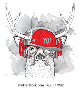 Portrait of deer with glasses, headphones and in hip-hop hat. Vector illustration.