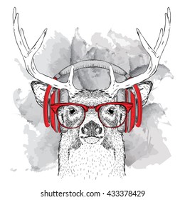 Portrait of deer with glasses and headphones. Vector illustration.