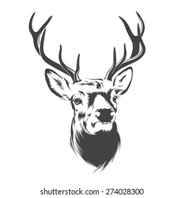 Portrait of a deer head  with horns. Design element for logo or tattoo.Vector illustration in black and white style