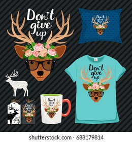 Portrait of  deer with  inscription " Don' t give up! '' and use cases