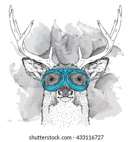 Portrait of deer in motorcycle glasses. Vector illustration