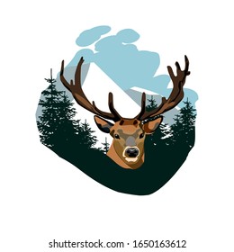 portrait of a deer on a background of mountains and coniferous forest