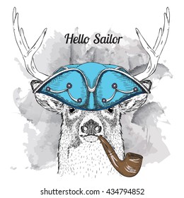 Portrait of deer in sailor hat and with tobacco pipe. Vector illustration.