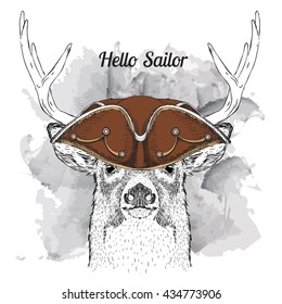 Portrait of deer in sailor hat. Vector illustration.