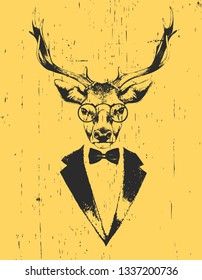 Portrait of Deer in suit. Hand drawn illustration. Vector