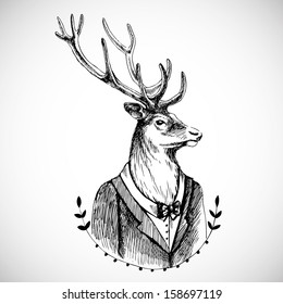 Portrait of a deer in a tuxedo . Hand drawn vector illustration. Hipster style/