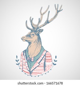 Portrait of a deer in a tuxedo . Hand drawn vector illustration. Hipster style