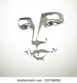 Portrait of delicate good-looking dreamy still woman, black and white vector drawing. Emotional expressions idea image, face features.