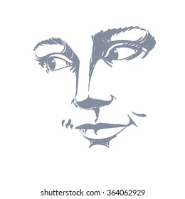 Portrait of delicate good-looking dreamy still woman, black and white vector drawing. Emotional expressions idea image, face features.
