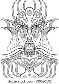 Portrait of a demon in abstract style. Sacred vector illustration. Mysterious, symbolic, shamanic, spiritual, esoteric, new age. Posters cards, stickers, t-shirt art.