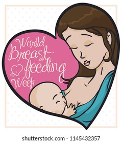 Portrait depicting a tender scene between mother and son inside a pink heart and cute doodles: promoting breastfeeding in the commemoration of World Breastfeeding Week.