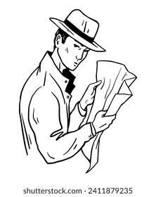 Retrato de detective con sombrero retro. Agente con el periódico. Vigilancia secreta. Investigación y búsqueda de pruebas. Ilustración de dibujo negro vectorial sobre fondo blanco. Línea dibujada a mano