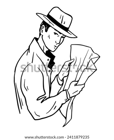 Portrait of detective man in retro hat. Agent with newspaper. Secret surveillance. Investigation and search for evidence. Vector black sketch illustration on white background. Hand drawn line