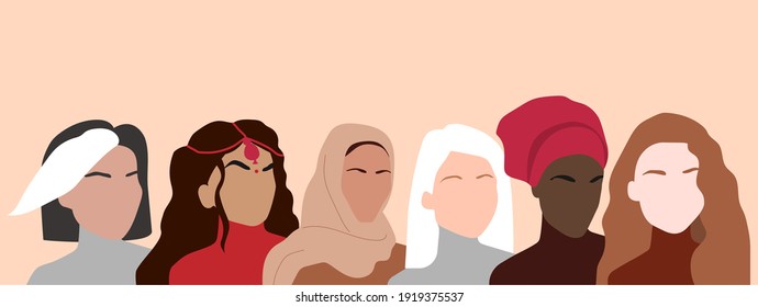 Portrait of different nationalities and cultures woman. Girls standing together. Womens friendship, solidarity, sisterhood. Horizontal poster of  the International Women's Day. Eps 10