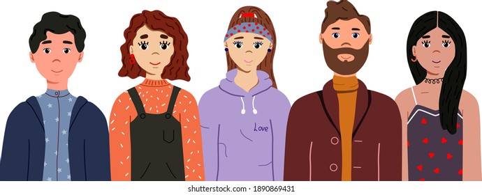 
Portrait of different people in the same plane. Stock flat illustration isolated on white background. A group of men and girls.