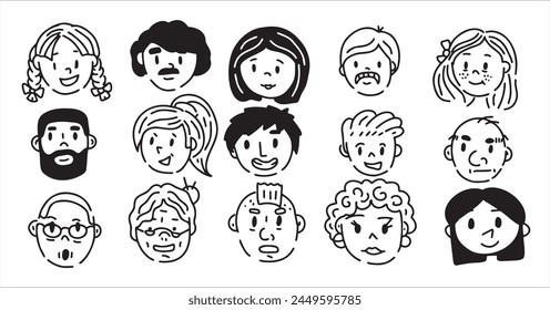 Portrait of different people. Woman and man character. Young and elderly face. Set of cartoon person. Many outline girl and boy. Concept of family