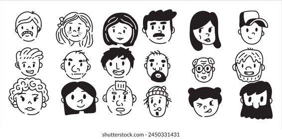 Portrait of different people. Woman and man character. Young and elderly face. Set of cartoon person. Concept of family. Many outline girl and boy