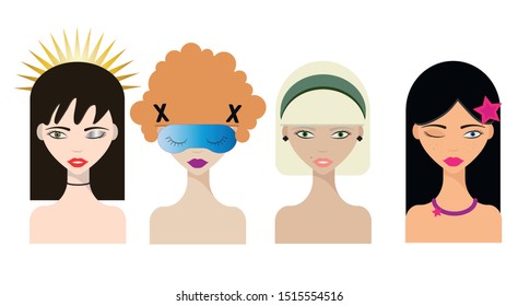 Portrait of different types of girls with closed eyes. the city falls asleep waking up the mafia.