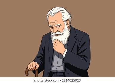 Portrait of a dignified elderly man with a long white beard wearing a suit, leaning on a wooden cane and looking down thoughtfully.
