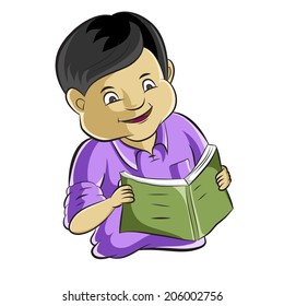 Portrait of diligent student studying a book. Cartoon vector