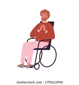 Portrait of disabled young man sitting in wheelchair. Successful person with paraplegia on white background. Male character with a physical disability. Flat vector cartoon isolated illustration.