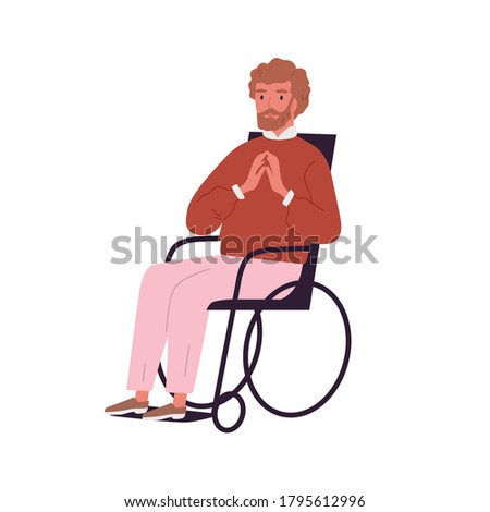Portrait of disabled young man sitting in wheelchair. Successful person with paraplegia on white background. Male character with a physical disability. Flat vector cartoon isolated illustration.