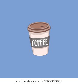 Portrait of a disposable party coffee white cup with a brown lid that has a hollow space for the straw to fit in; labeled as COFFEE  vector  color drawing or illustration
