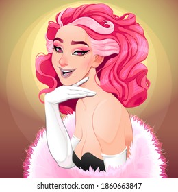 Portrait of a diva with pink hair. Vector fantasy illustration.
