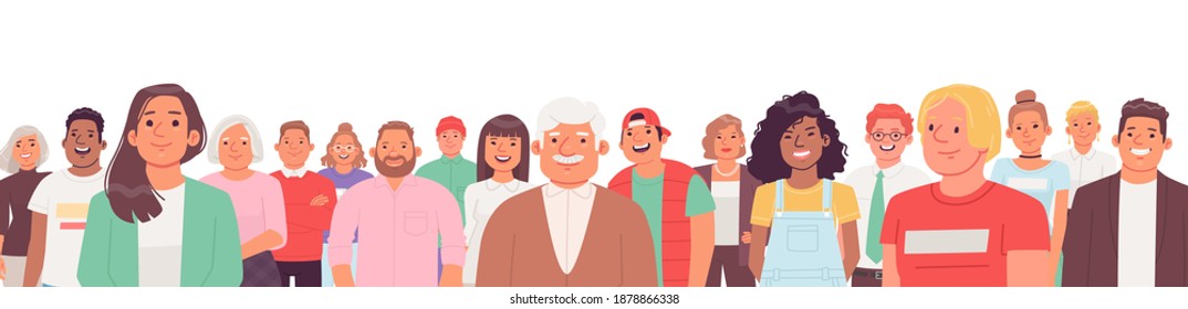 Portrait of a diverse multicultural people. Young, adult and older men and women on a white background. Social diversity. Vector illustration in flat style