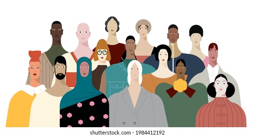 Portrait of diverse people standing together vector flat illustration. Group man and woman of different nationality.  