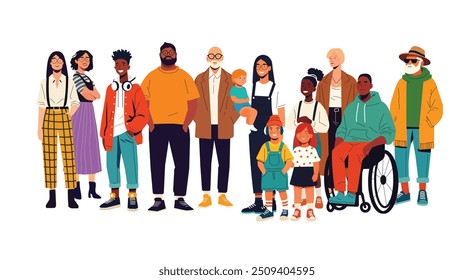 Portrait of diverse people standing together. Selection of old, coloured, disabled and different persons. Social diversity, relationship, human resorces. isolated vector flat illustration.