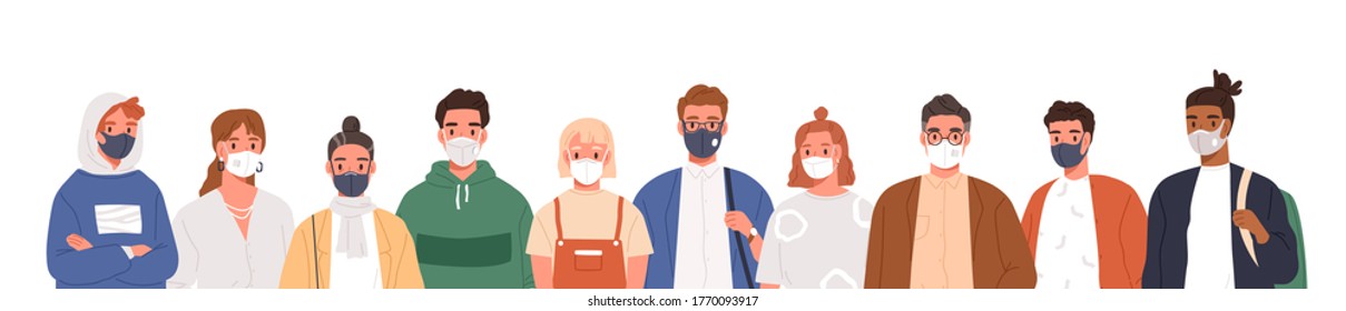 Portrait Of Diverse People Wearing Protective Mask On Face Vector Flat Illustration. Men, Women And Teens Of Different Ages In Respirators Isolated On White. Prevention From Infection Spread