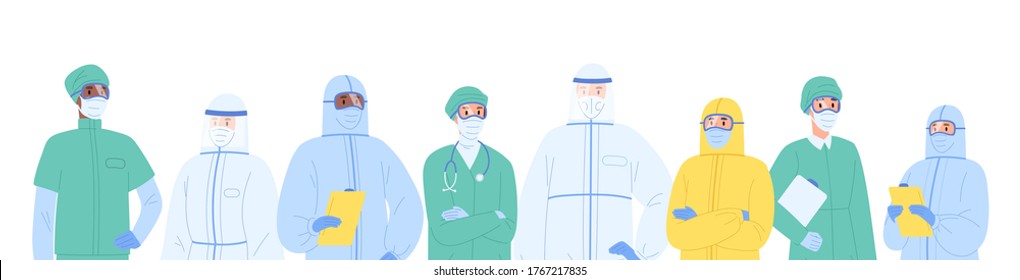 Portrait diverse team of medical specialists in protective clothes vector illustration. Colorful nurses and doctors standing together isolated on white. Man and woman physicians in workwear